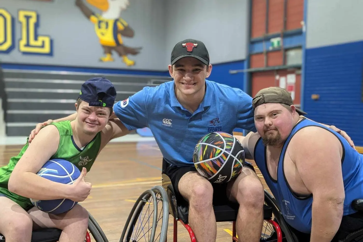 Chester Durant, Sam Haeata and Sam Taylor at the wheelchair basketball hosted at the Cowra High School auditorium.