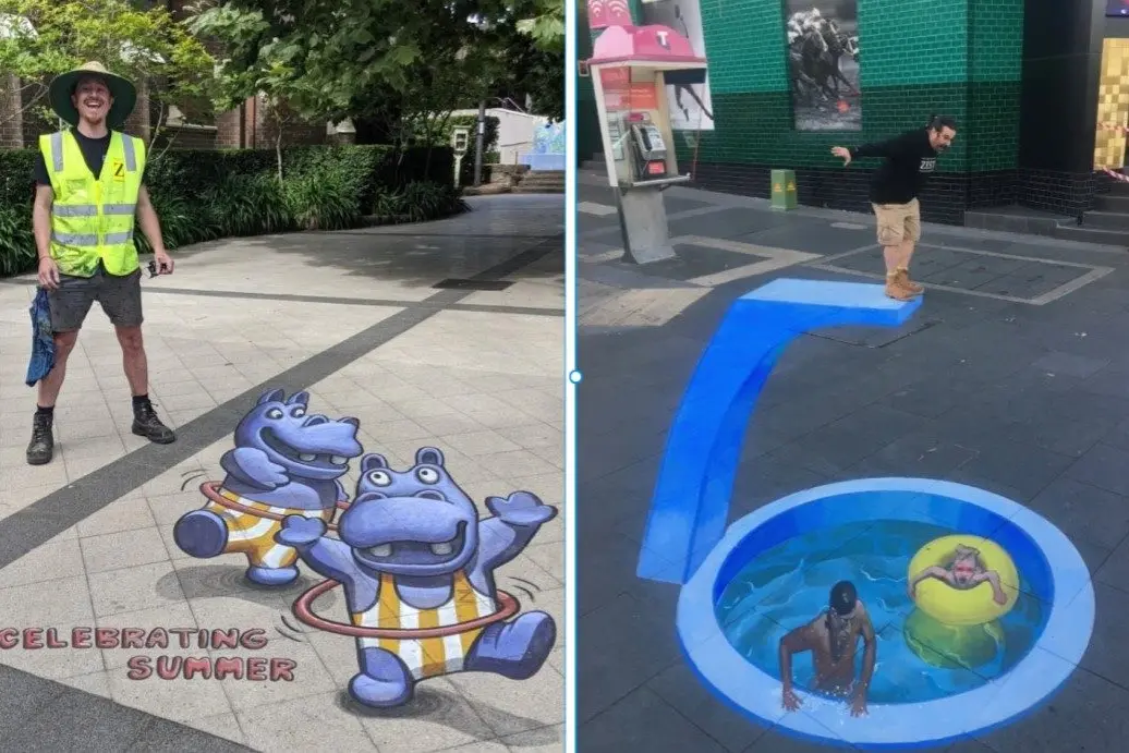 Anton Pulvirenti in Bankstown with his trick art diving board. Anton (right) will be joined by fellow artist Zac Craig (left) in Cowra this week.