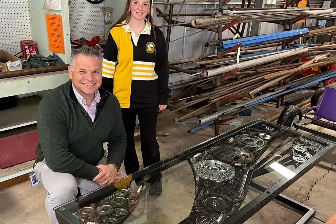 HSC READY: Member for Orange Phil Donato at Canowindra High inspecting students industrial tech works for the HSC. Photo supplied.
