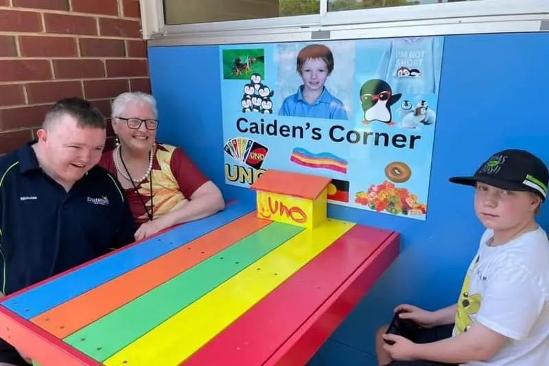Nicholas, Trish and Dominic Hussell pictured at the unveiling of \"Caiden\\'s Corner\" at Cowra Public School.
