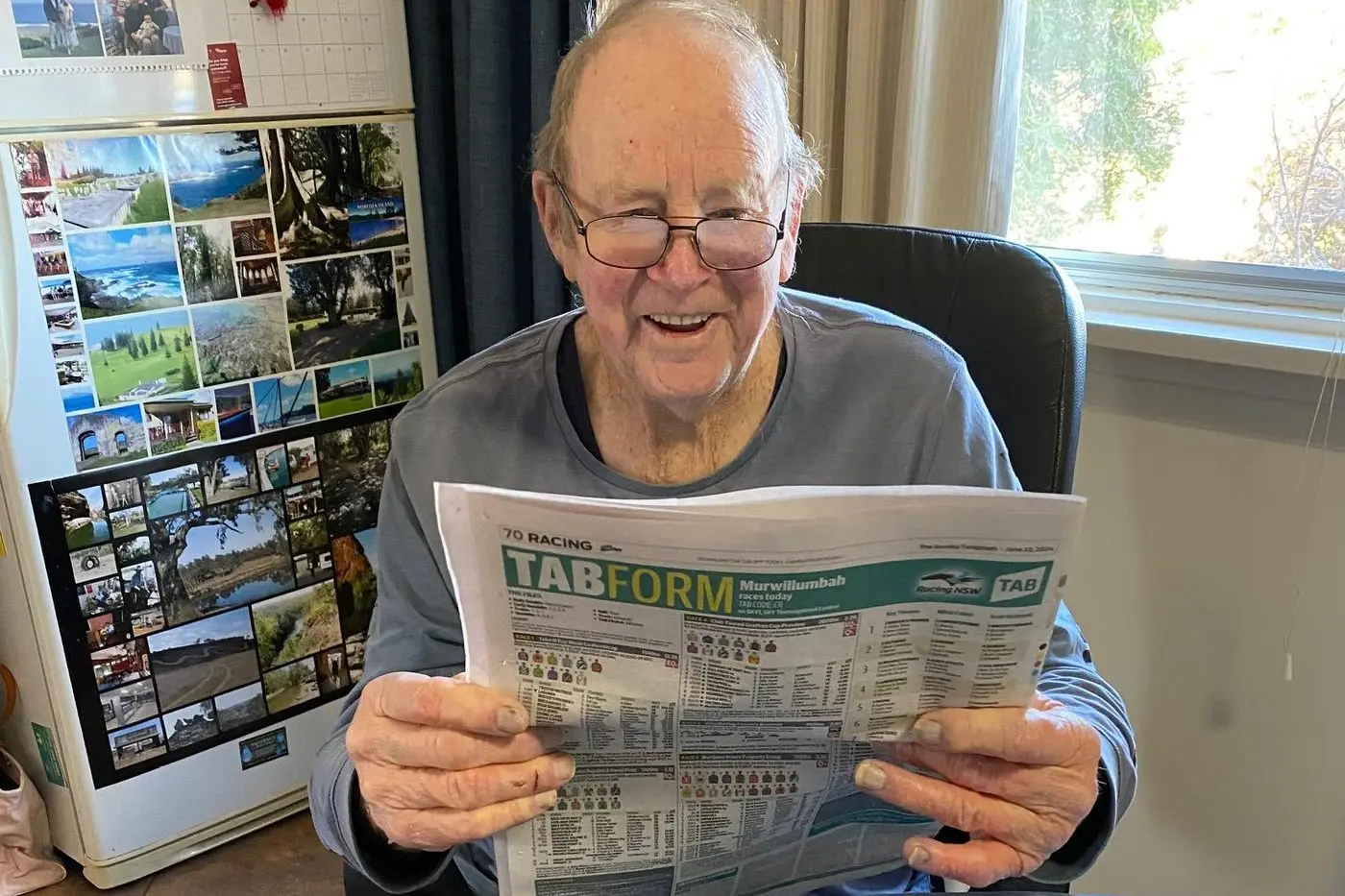 Peter Dawson catching up on the form before a Saturday race meeting. A race been named in honour of Peter at Saturday\\'s Cowra Jockey Club meeting.