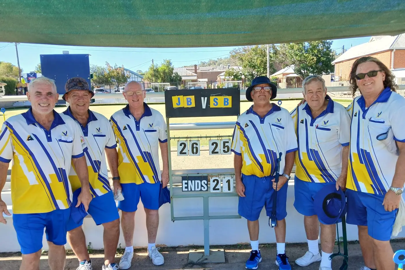 Men\\u2019s Open Triples Finalists, L to R, winners John Bischof, Jim McNaught and Kak Smith, runners up, Shane Lauritzen, Russell Simpson and Shane Beasley.