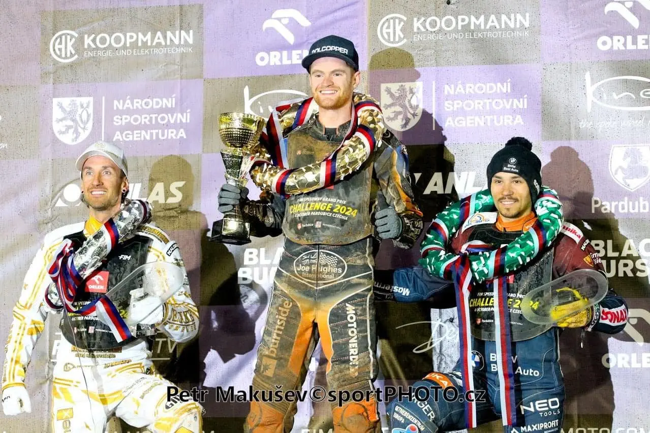 WHAT A YEAR: 2024 FIM GP Challenge Winner L-R - 2nd Anders Thomsen (Denmark), 1st Brady Kurtz (Australia), and 3rd Dominik Kubera (Poland). Photo supplied. \\n
