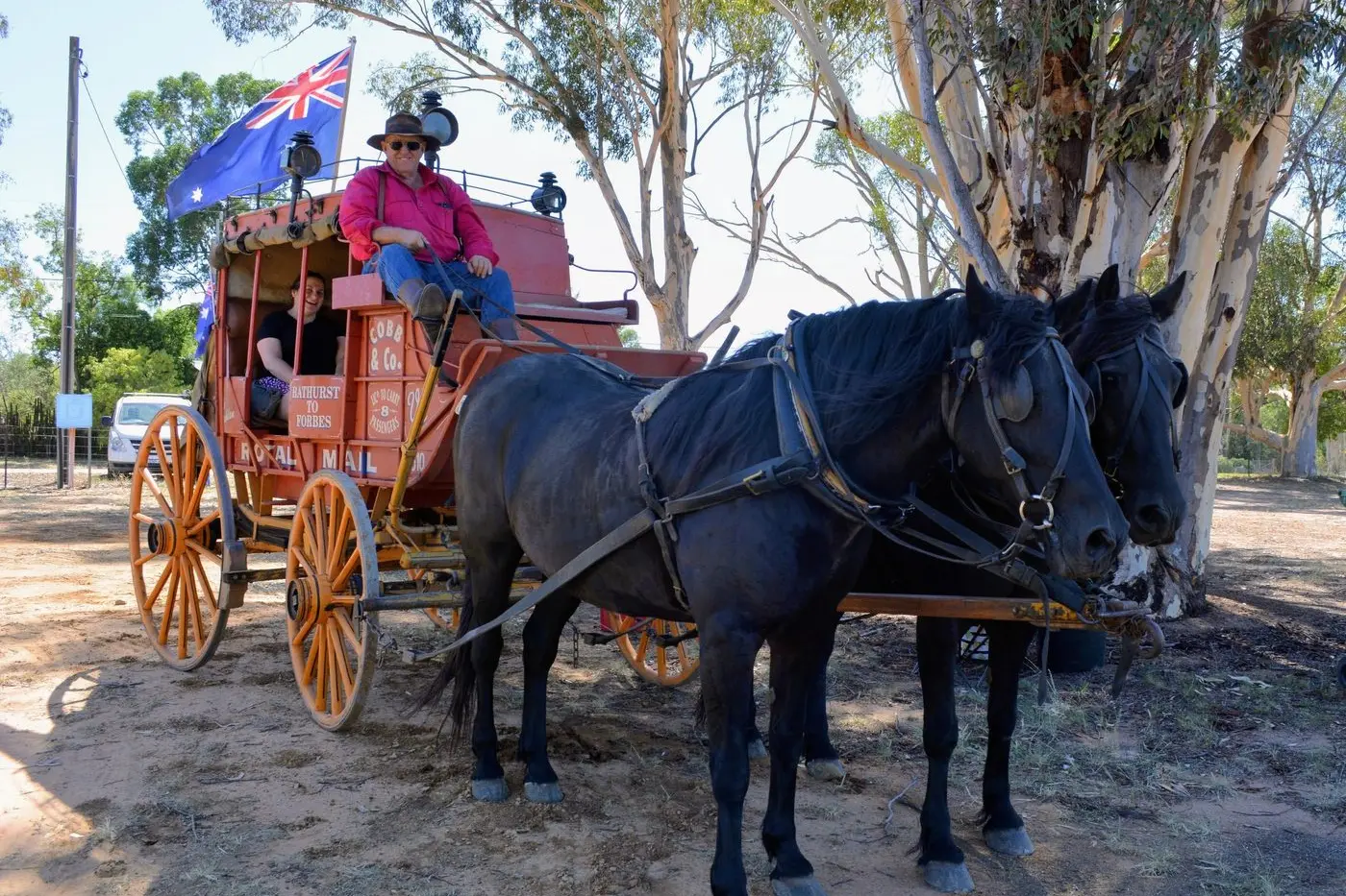 Robert Traves, driver\\nHorses: Xena and Xarr \\nSimone in the passenger seat with Austin.\\n
