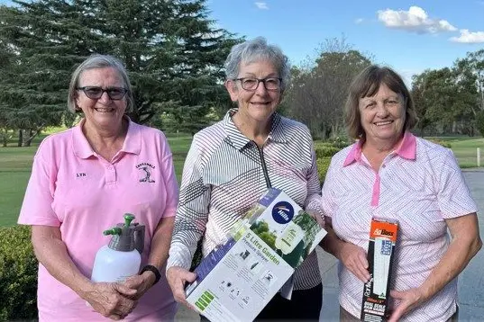 Winners of the 18-Hole Stableford event sponsored by Lachlan Fertilizer, 2nd place Lyn Haug, 1st Julie James, and 3rd Carole Doyle.