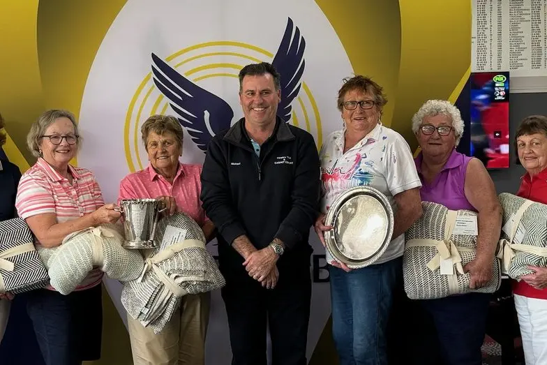 WINNERS ARE GRINNERS: (L) Kath Fitzsimmons, Cheryl McKeown, Sue Smith, Jenny dresser, Michael Brooks representing Cowra Carpet Court ,Trish Moekerkan, Lorraine Stubbing, Carole Doyle and Marcia Macpherson.