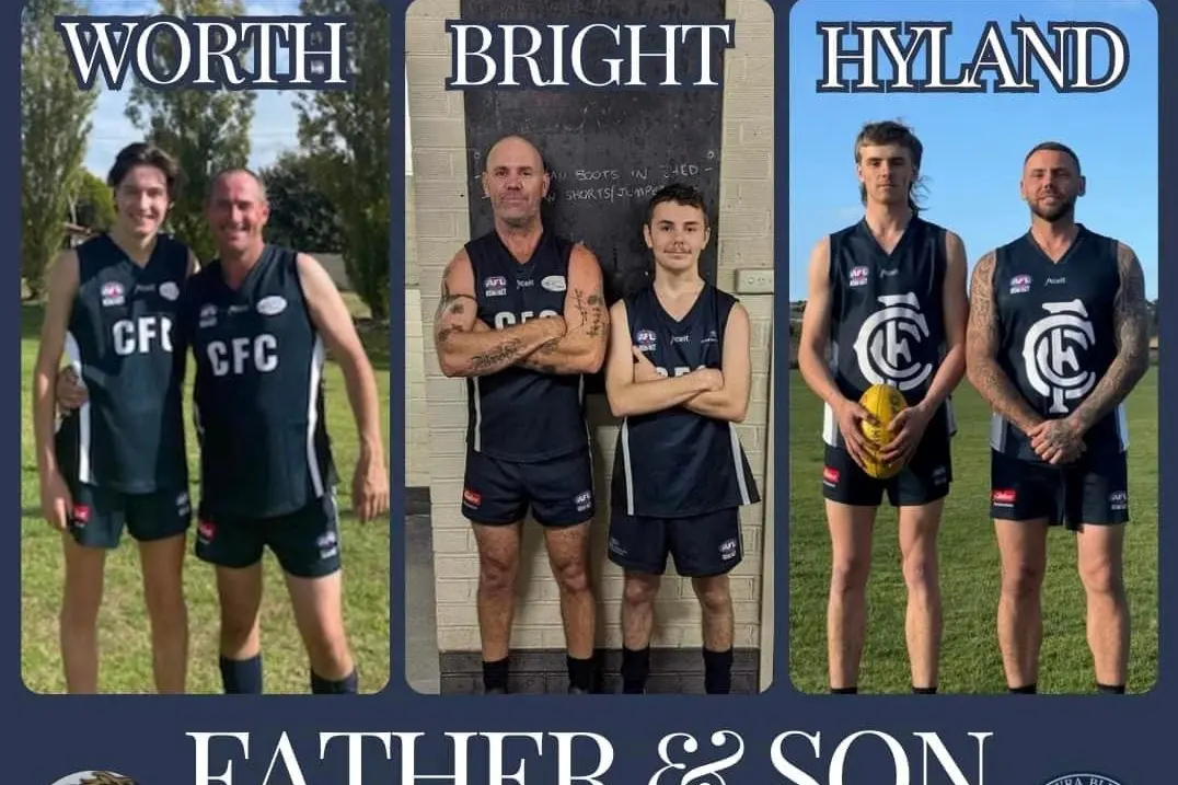 LIKE FATHER LIKE SON: AFL father-son duos Caleb and Nathan Worth, Mason and Frank Bright along with Braydon and Marc Hyland. Photo supplied. 