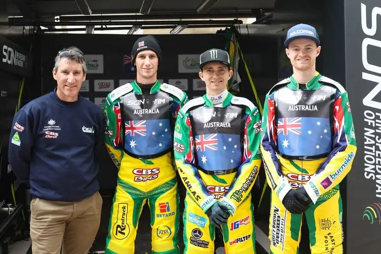 Max Fricke, Jack Holder, and Brady Kurtz at 2024 Speedway of Nations in Manchester.