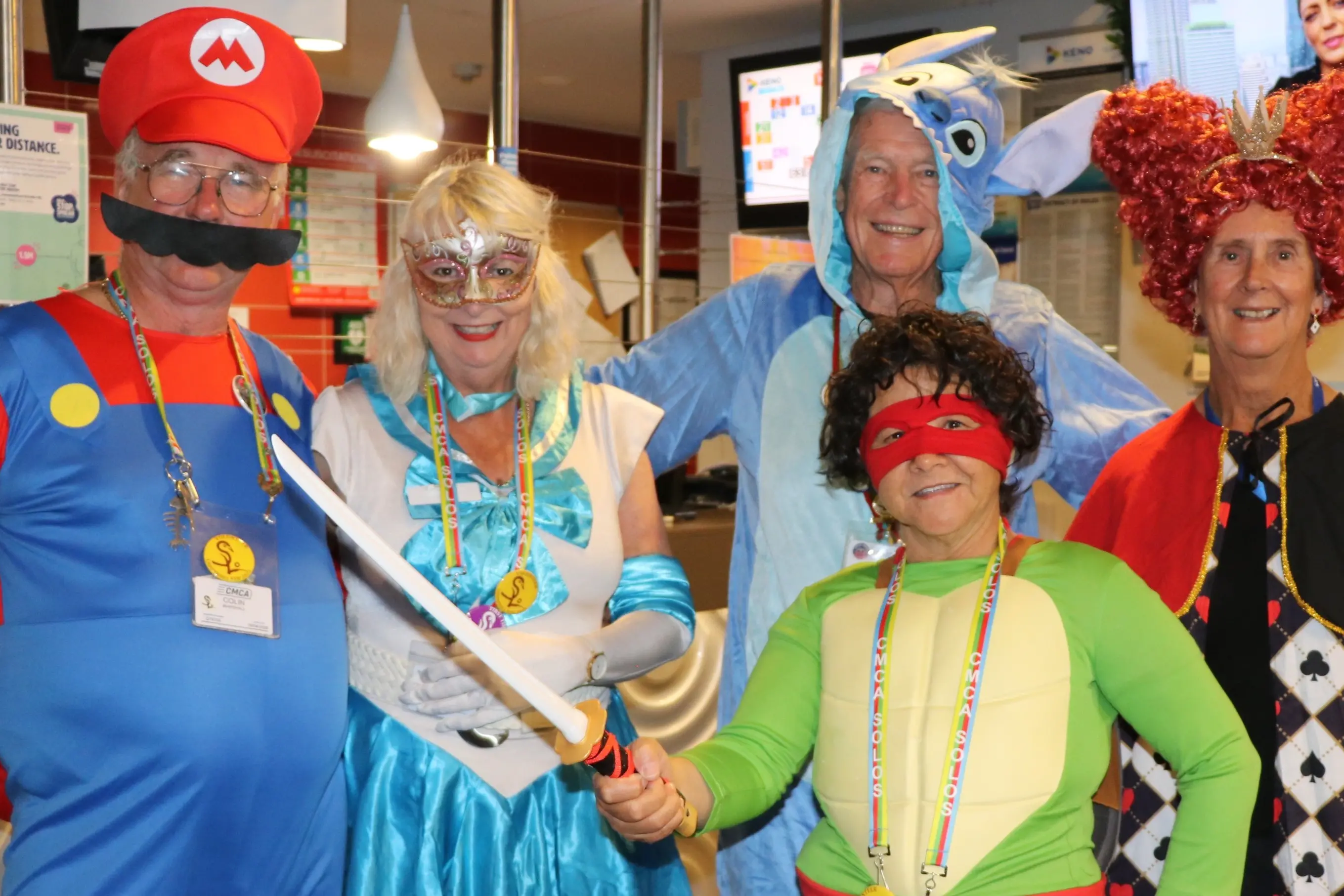 <p>Colin Marshall from Brisbane, Marlene Hodgens from Rochester, Alba Kraatz from Mount Gambier, Kit Hall-Johnston from Burleigh Heads, Linda Hough from the Central Coast spectacularly dressed for the Campervan and Motorhome Club of Australia solos rally dinner. </p>\\n