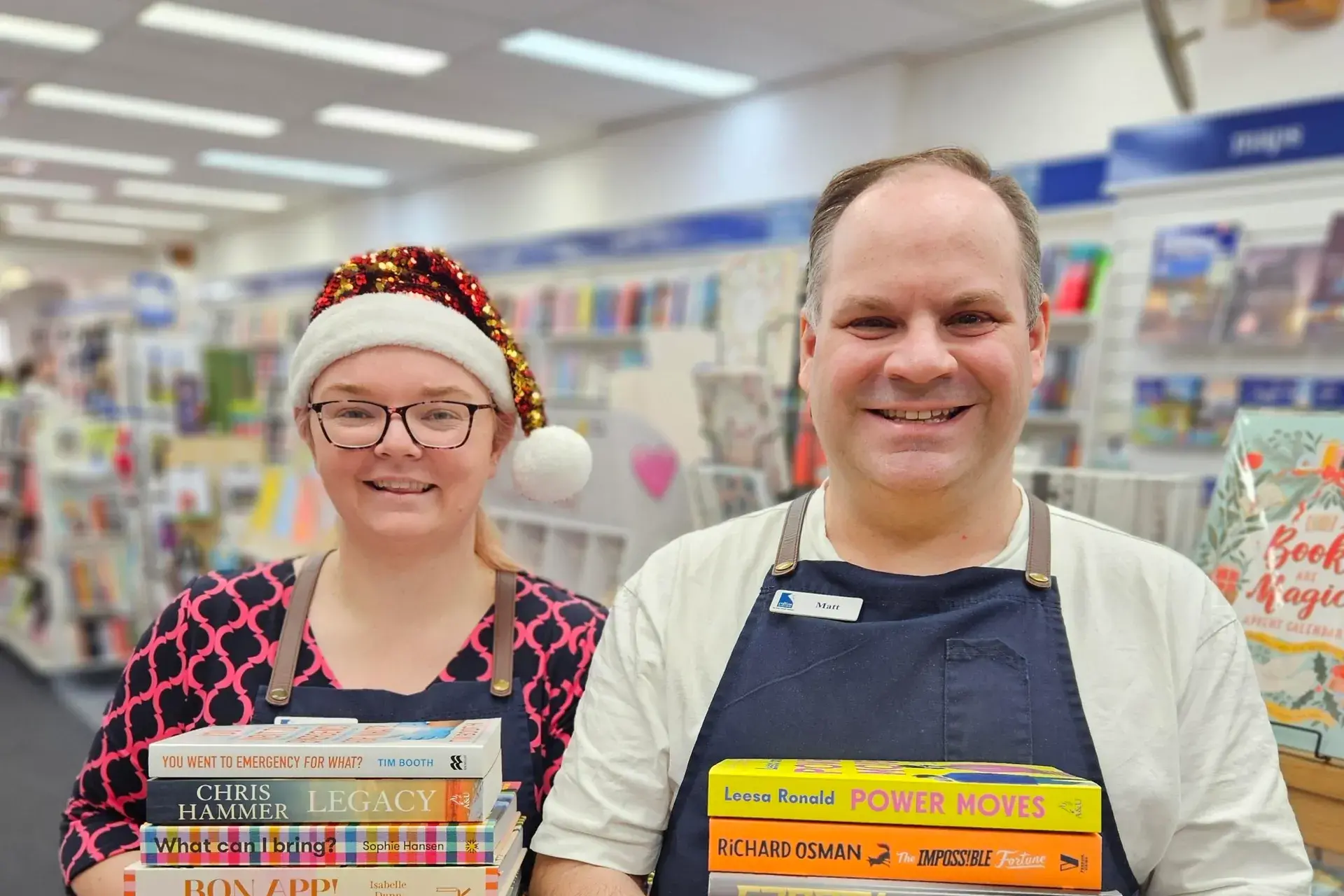 <p>Mindy Hollamby and Matt Harvey from Collins Booksellers Orange</p>\\n