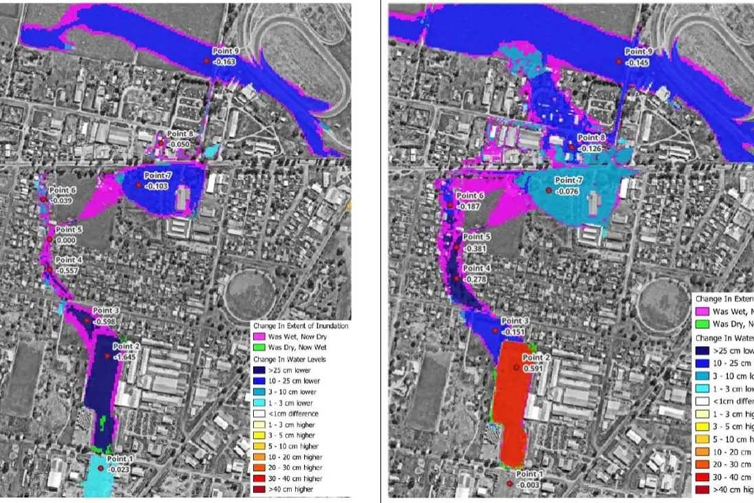 <p>Figures 2-25 and 2-26 of Peak flood level Impacts, 20% AEP on left 1% Aep on right, option 1C revised vs Baseline Scenario - Exisiting Conditions Catchment Scenario.</p>\\n