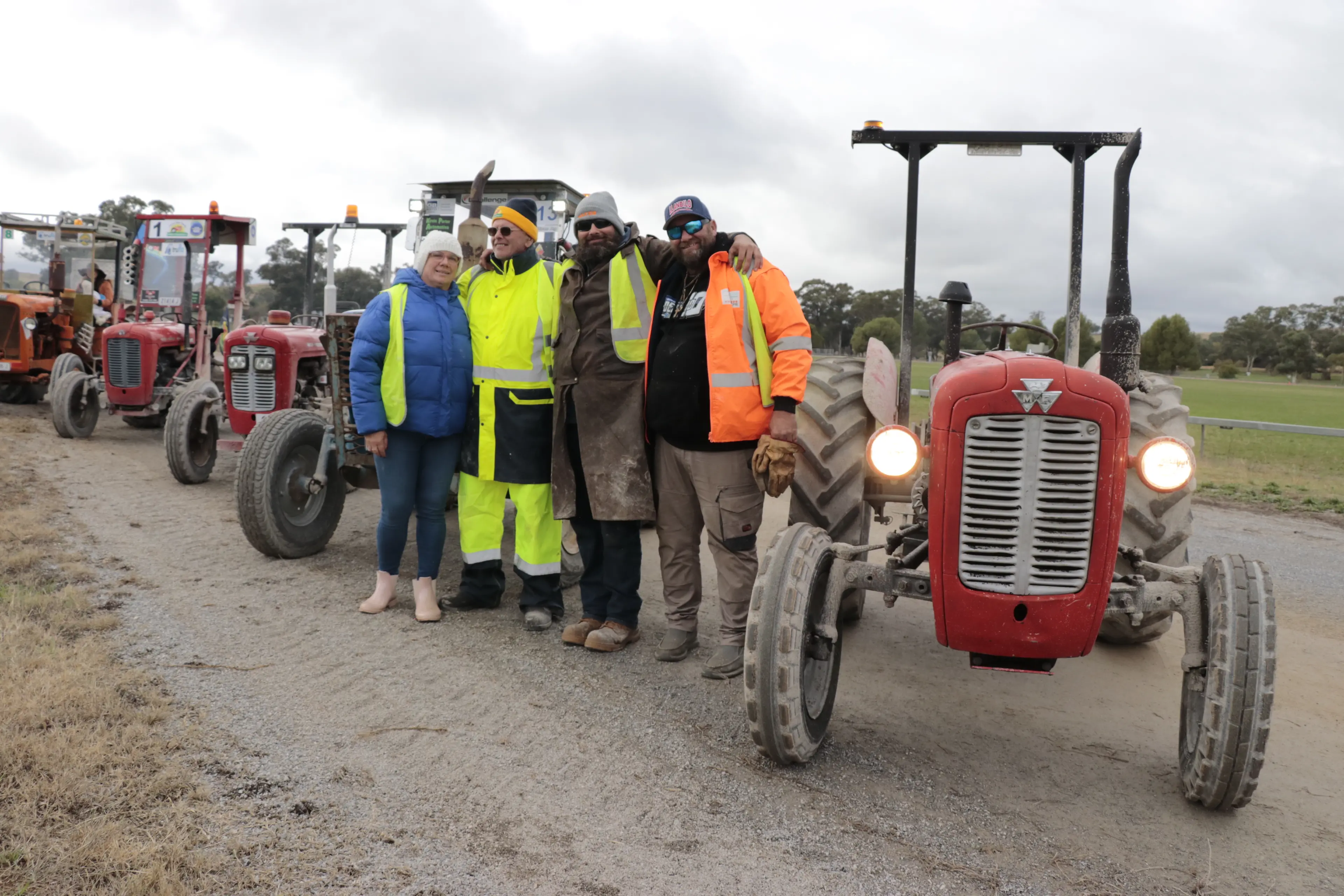 <p>Volunteer drivers Kristy Clancy, John Sharp, Sam Sharp and Matt Teuma hop off the tractor seats one last time for the marathon effort. </p>\\n
