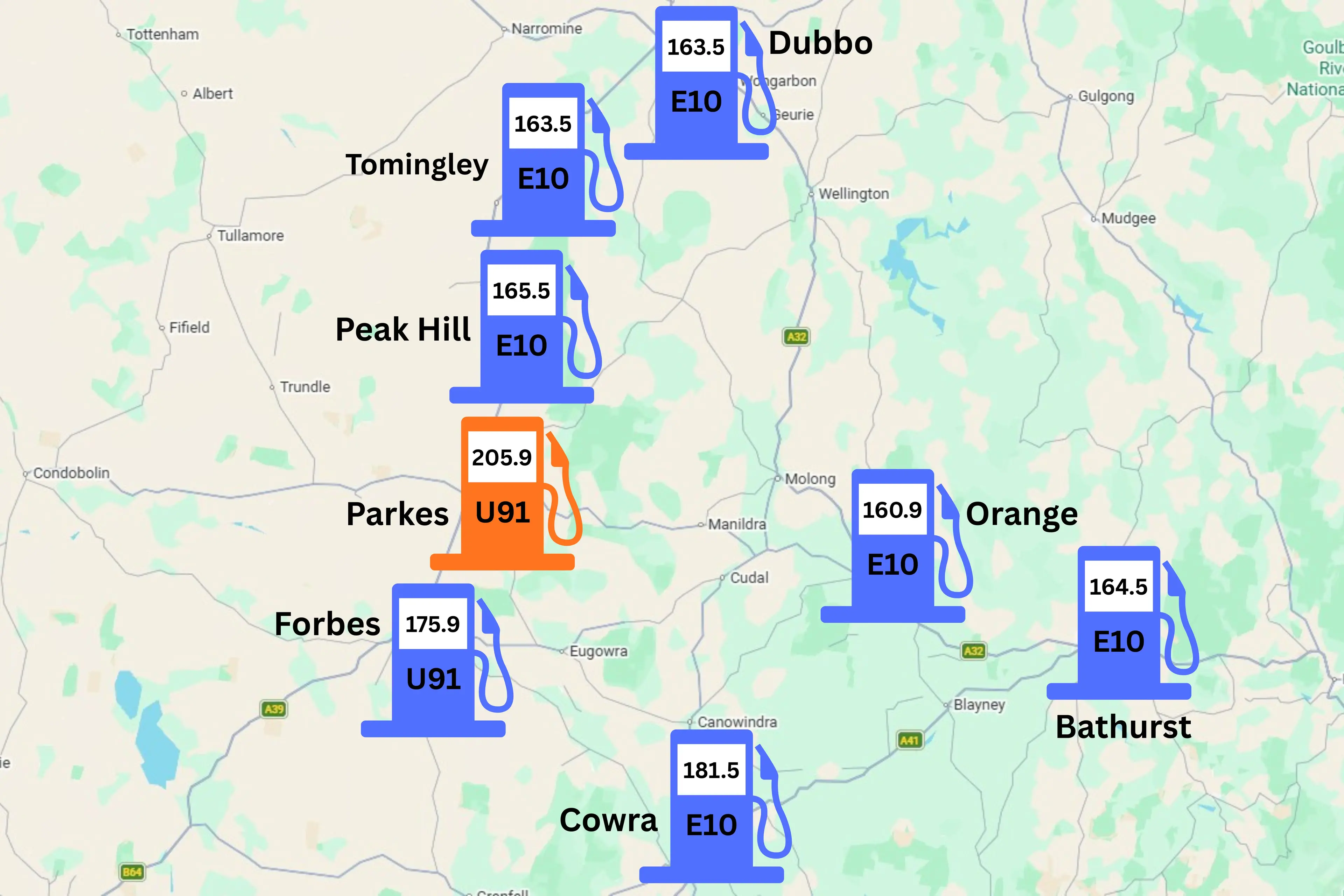 <p>These were the cheapest unleaded fuel prices in each neighbouring town of Peak Hill, Forbes, Tomingley, Dubbo, Orange, Cowra and Bathurst compared to Parkes\\' cheapest unleaded fuel price on Tuesday. MAP: Google Maps</p>\\n