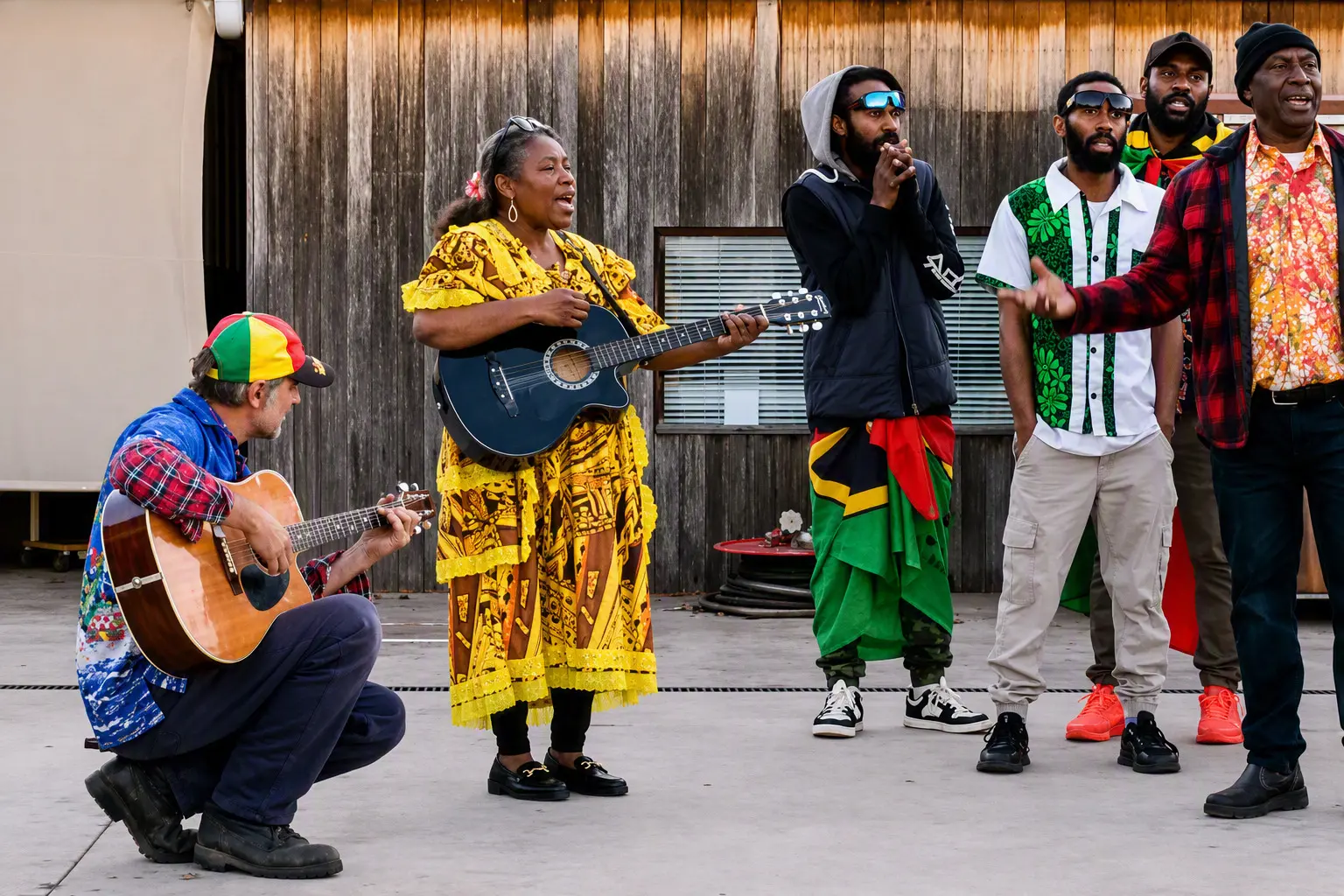 <p>Sam Statham and Florence Malai playing guitar with Sael Malai and other workers singing the national anthem of Vanuatu. PHOTO: Supplied</p>\\n