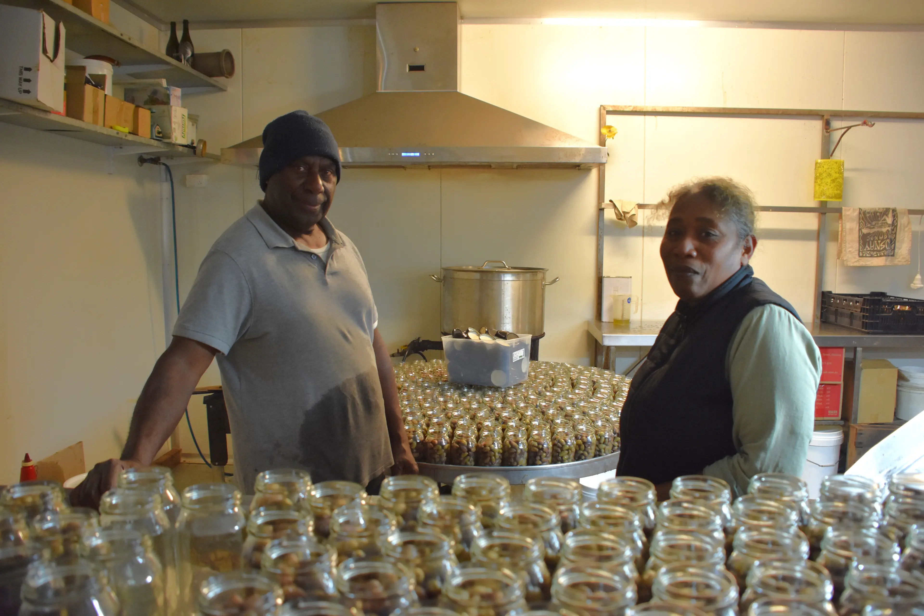 <p>Sael and Florence Malai in the olive bottling warehouse at Rosnay Organic Wines. PHOTO: Simone Sheridan</p>\\n